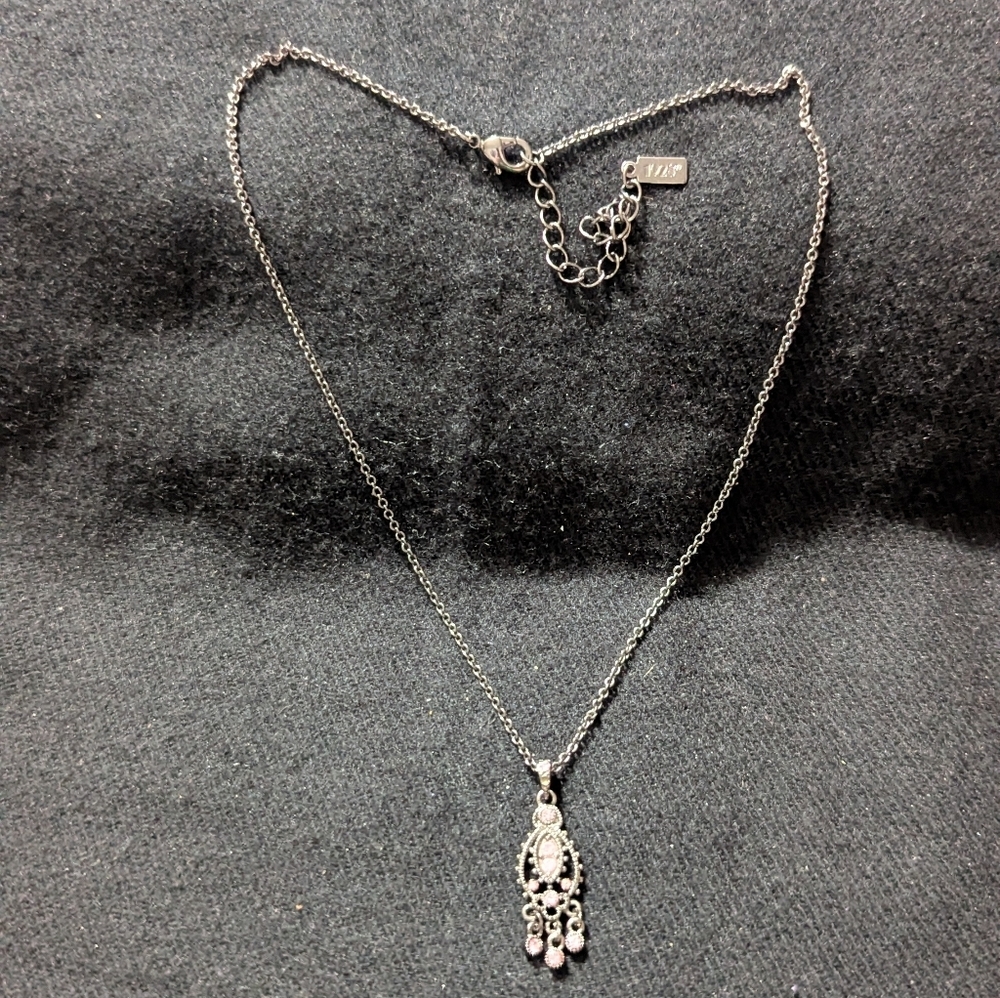1928 Gunmetal Black Pink Rhinestone Pendant Statement Necklace